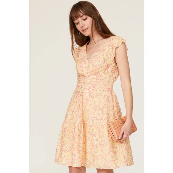 Derek Lam Paisley Floral Flare Yellow & Pink 100% Cotton Mini Dress size 4 - Picture 1 of 12